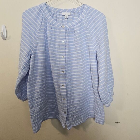 J Jill Cotton-Gauze Striped Button-Front Top Medium Blue/White - Picture 1 of 4